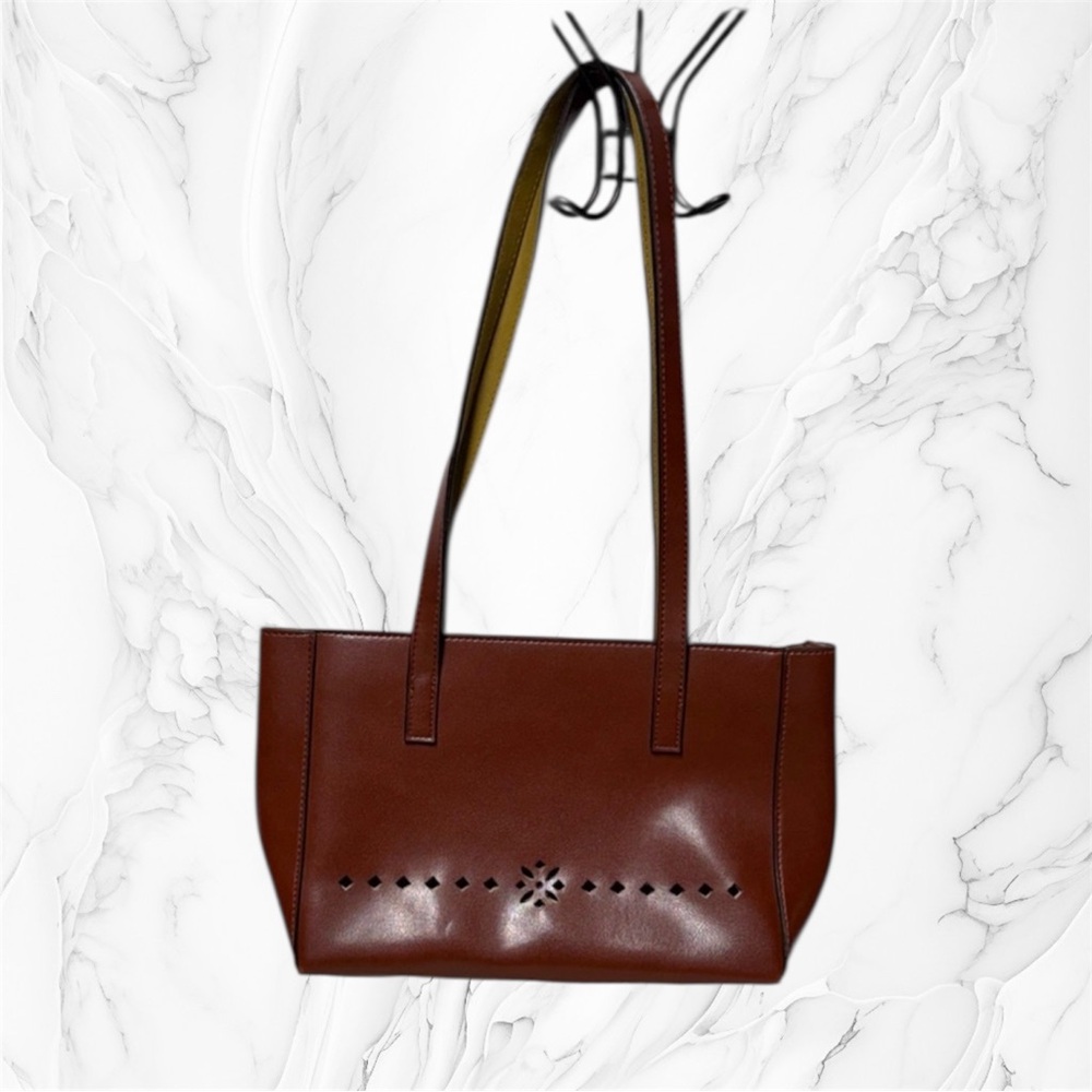 Mondani Structured cognac Brown Leather Tote with Cutout Detail size medium